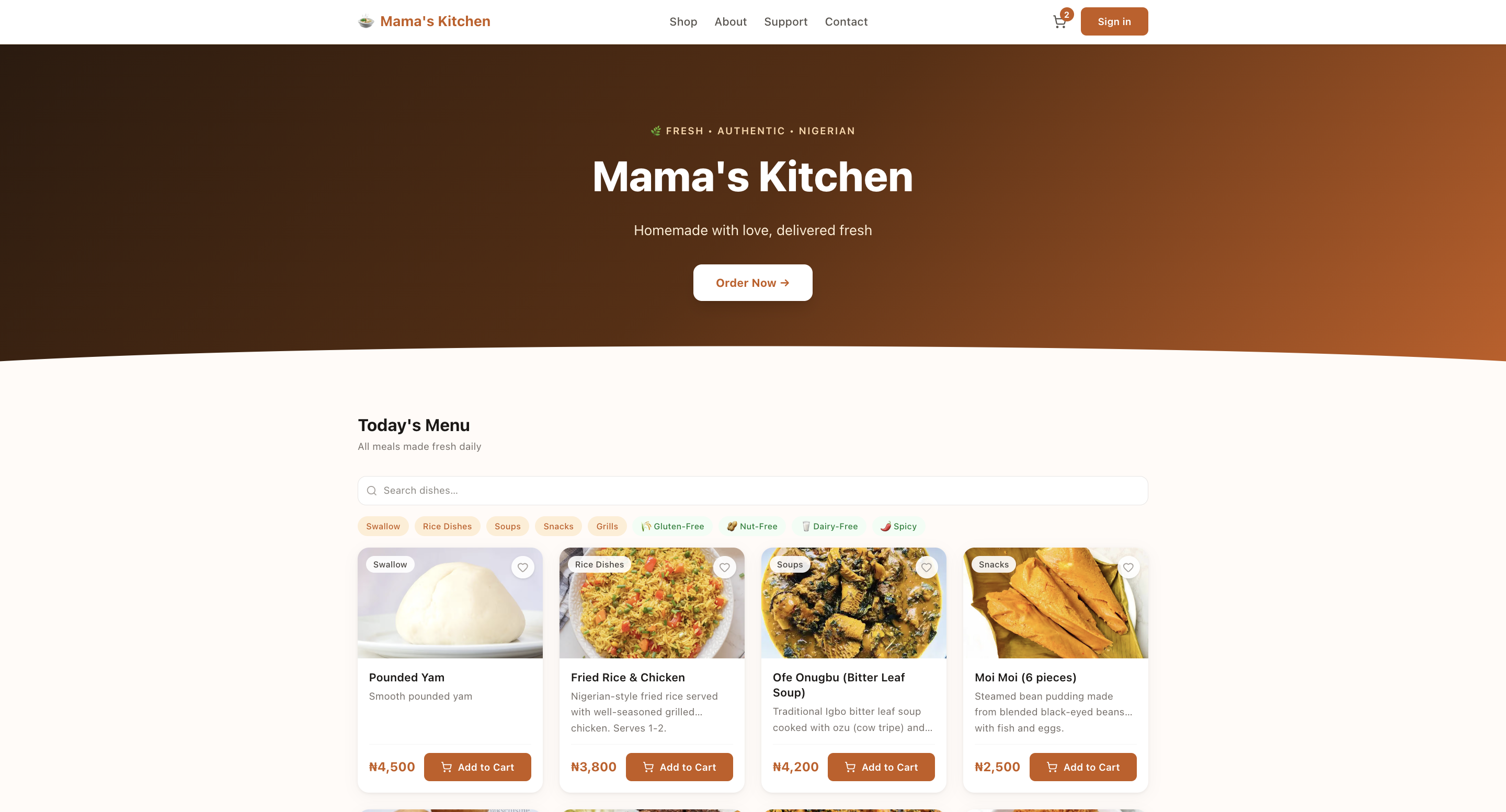 Mama's Kitchen food ordering website